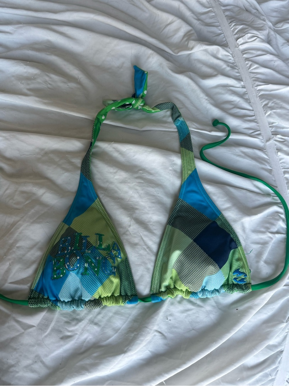 Billabong Blue & Green Patchwork Triangle/Reversible Polka dot Bikini Top